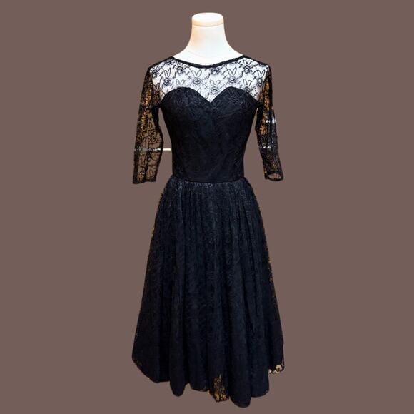 Vintage Dresses & Skirts - VTG 1950s Black Floral Lace Fit & Flare Cocktail Dress w/ Talon Zipper Size XS